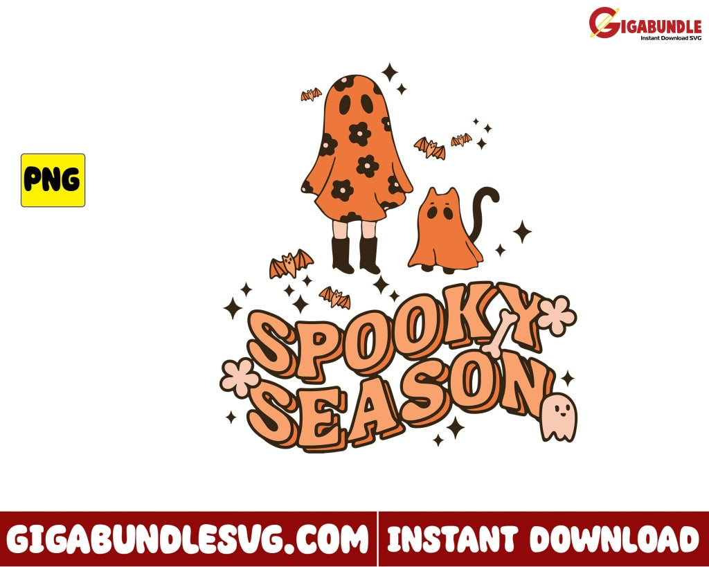 Cat Png Spooky Season Cute Ghost Bat Retro Halloween - Instant Download