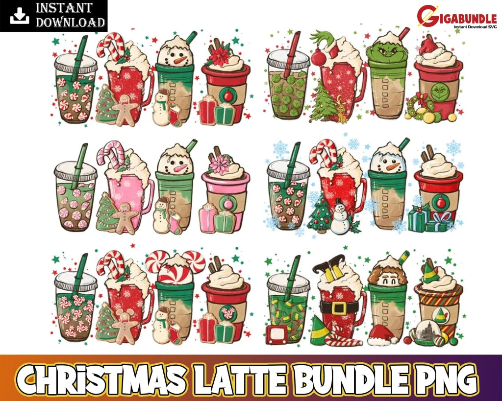 Christmas Coffee Latte Png Bundle 35 Png Snowman Reindeer Pink Printable File