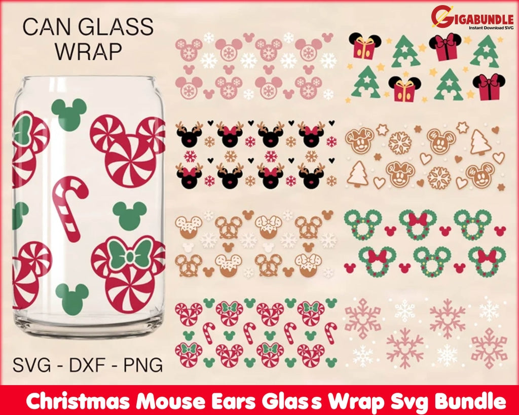 Christmas Mouse Ears Glass Wrap Svg Bundle Candy Gingerbread 16Oz Libbey Full Can
