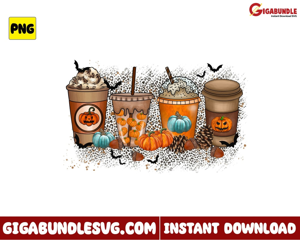 Coffee Halloween Png Pumpkin Latte Leopard Retro - Instant Download