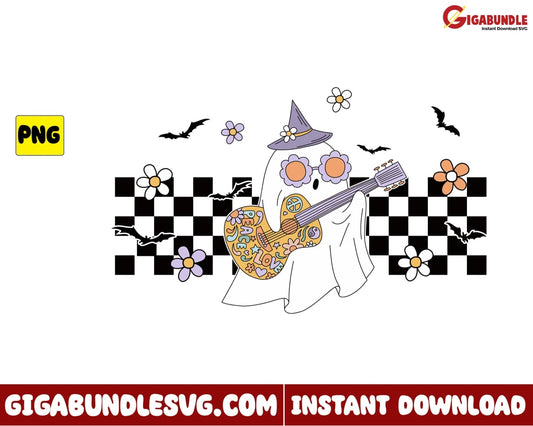 Cute Ghost Png Playing Guitar Retro Halloween - Instant Download