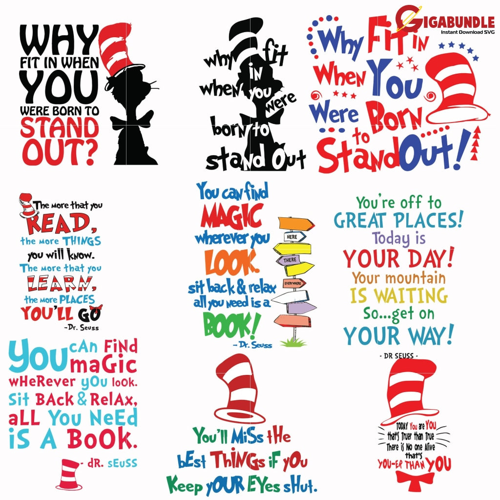 Dr Seuss Bundle Svg Dr Things One Two Quotes Png Dxf Eps