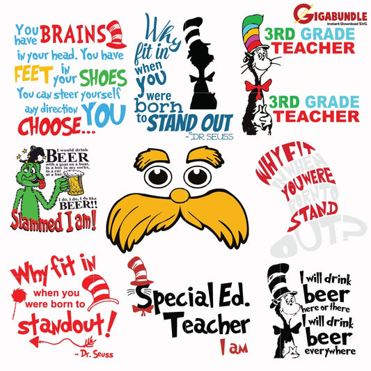 Dr Seuss Bundle Svg Dr Things One Two Quotes Png Dxf Eps