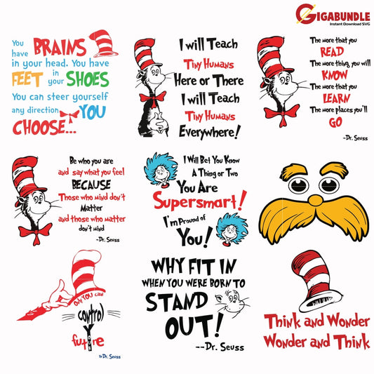 Dr Seuss Bundle Svg Dr Things One Two Quotes Png Dxf Eps