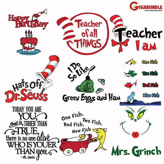 Dr Seuss Bundle Svg Dr Things One Two Quotes Png Dxf Eps