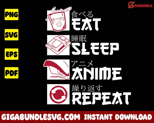 Eat Sleep Anime Repeat Sketchbook Svg Fanboy - Instant Download