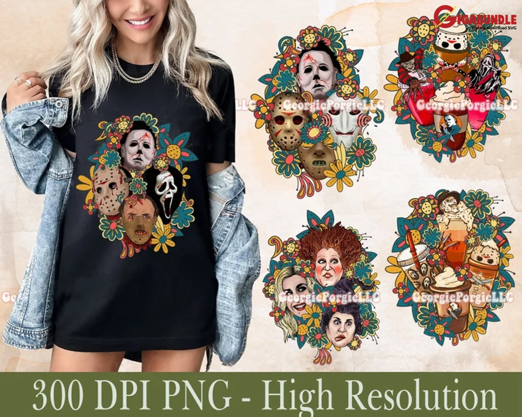 Florals Horror Characters Png Bundle Sublimation Halloween Witches Design Printable For Tshirt Mug