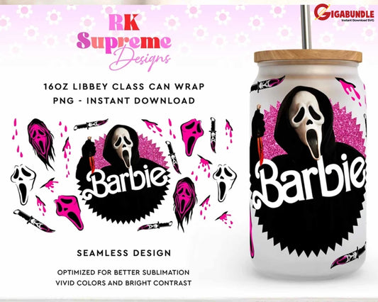 Ghostface Barbie Horror Movie Glass Wrap Png 16Oz Libbey Can Png