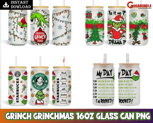 Grinchmas 16Oz Glass Can Png Libbey Funny Christmas Tumbler Coffee Png Grinch Instant Download