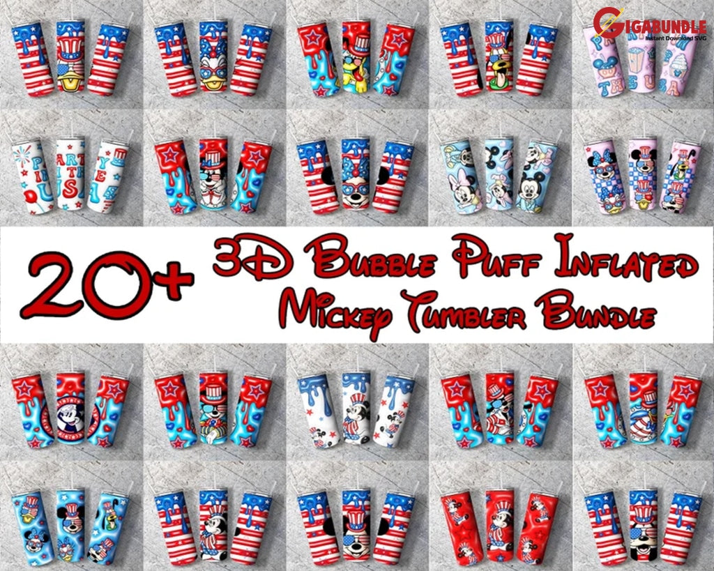 Mega 20+ 3D Inflated Puff Tumbler Wrap Png Bundle 4Th Of July Design 20Oz Instant Digital Download