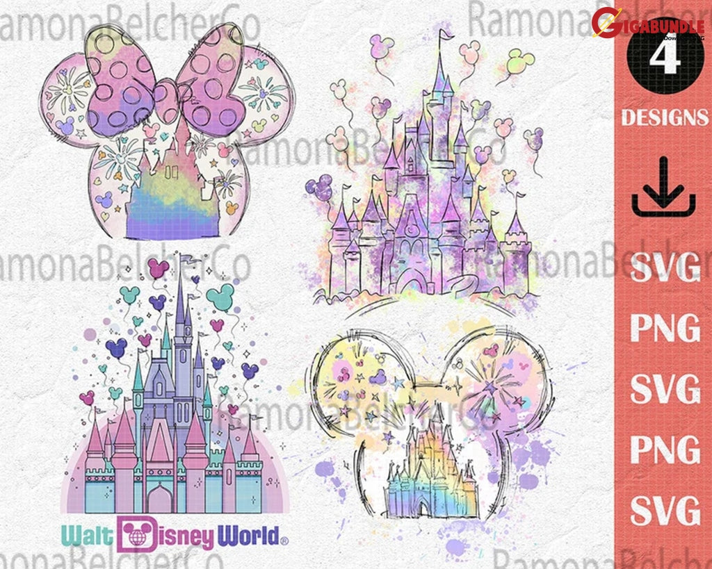 Mega Watercolor Disney Castle Png World Vacation Mickey Head Magic Kingdom Easy Download