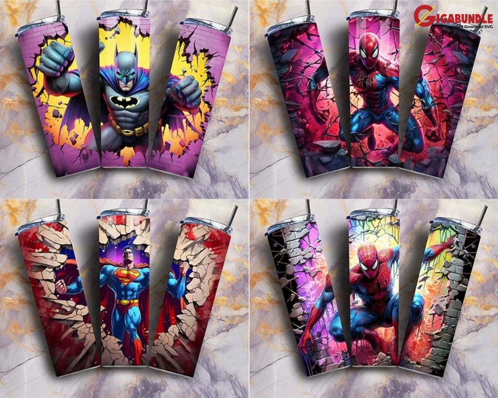 New 14 Designs Hero 3D Skinny Tumbler 20Oz Bundle Png Sublimation Design Straight & Tapered Instant