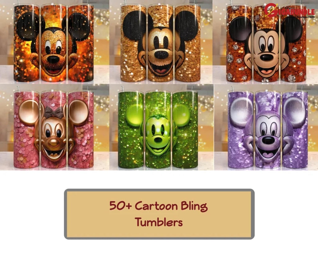 New 50+ 3D Disney Bling Cartoon Tumbler Designs Sublimation Downloads Mickey&Minnie Instant Download