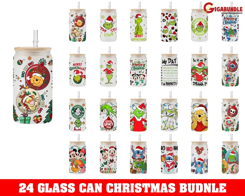 New Cartoons Christmas 16Oz Libbey Can Glass Wrap Stitch Grinch Png Light Tumbler Full Sublimations