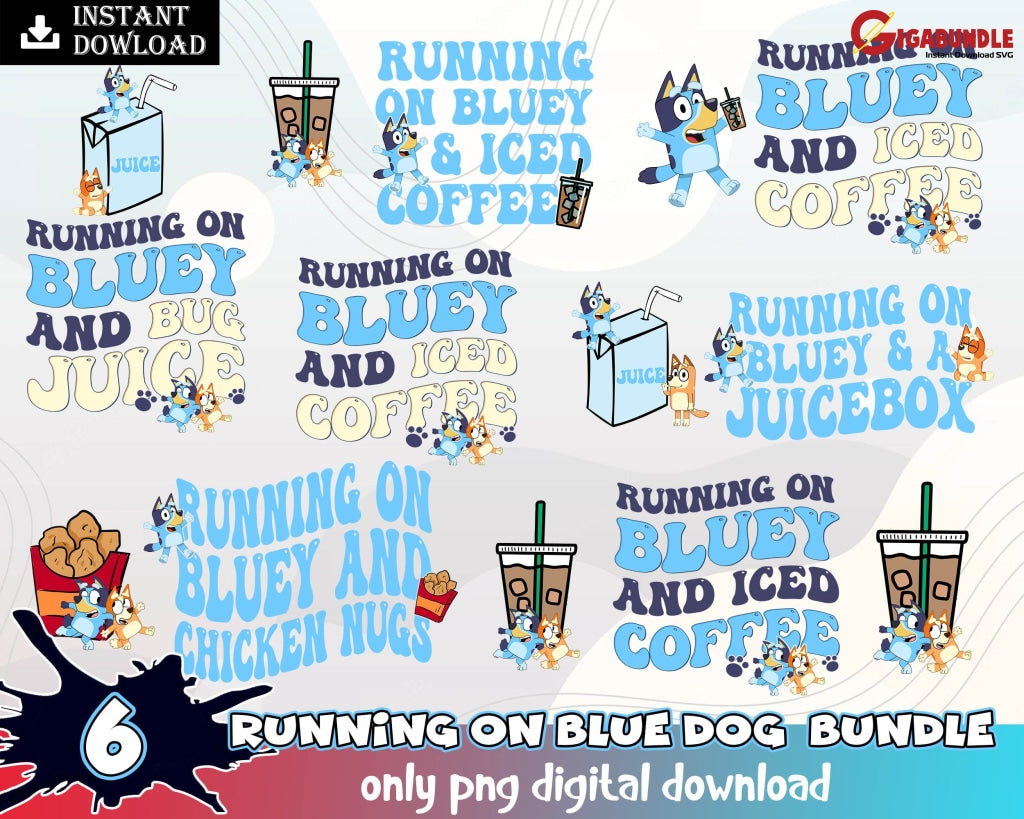 New Running On Blue Dog & Iced Coffee With Matching Pocket Png Bundle Trendy Design Digital Download