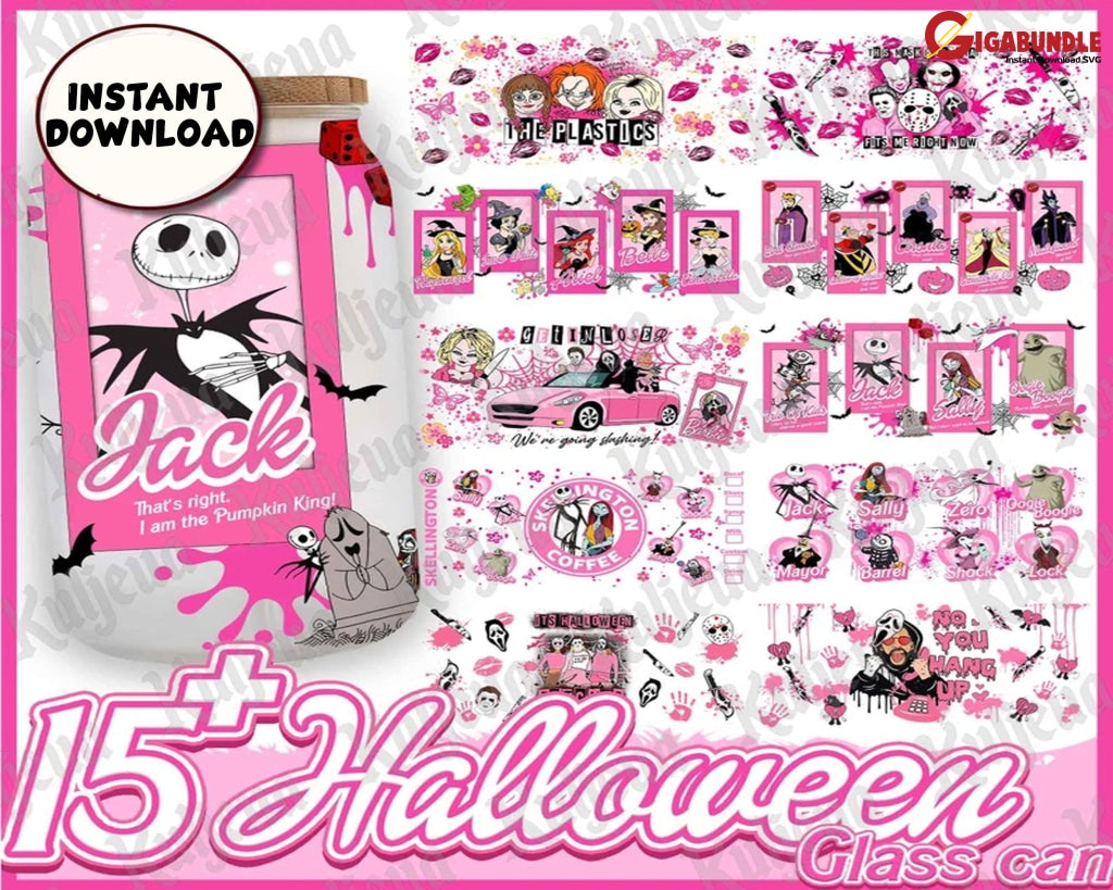 Pink Halloween Cartoon 16Oz Libbey Glass Can Wraps Instant Download