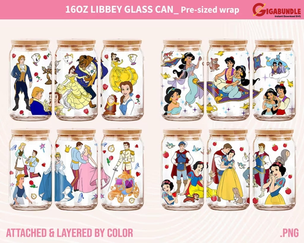 Princess Beauty Png 16Oz Glass Can Wrap Libbey Tumbler Full Cartoon