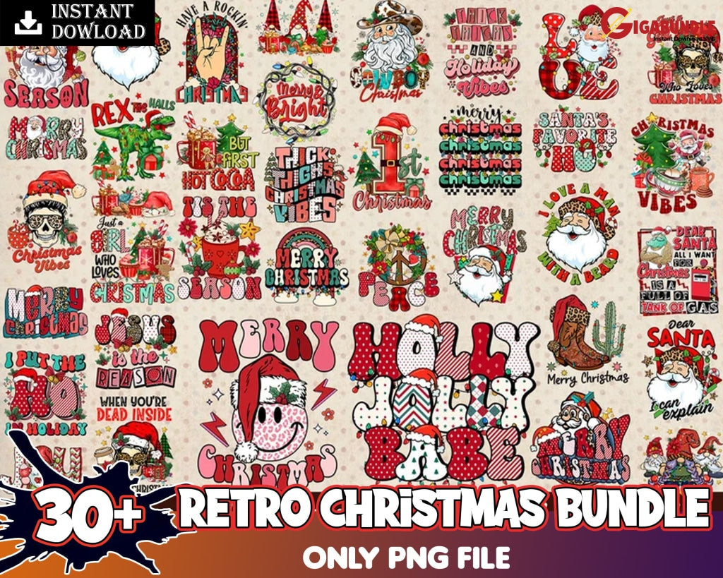 Retro Christmas Sublimation Png Bundle Png Bundle Holly Santa Jingle Tis The Season