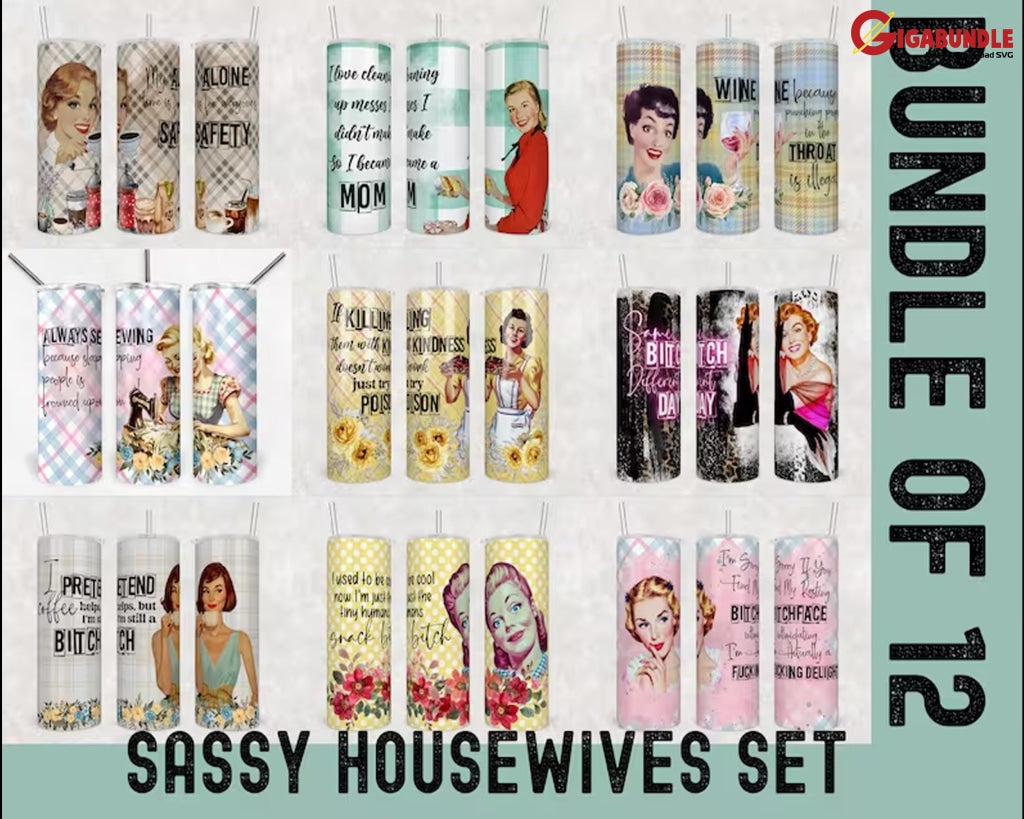 Sarcastic Retro Housewife 20 Oz Skinny Tumbler Sublimation Designs Bundle Set Of 12 Digital