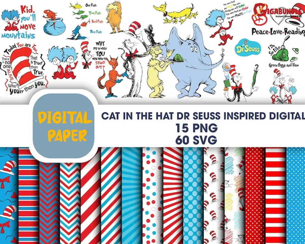 Set Of 15 Png/60 Svg Cat In The Hat Dr Seuss Inspired Digital Paper Svg Printable For Scrapbook
