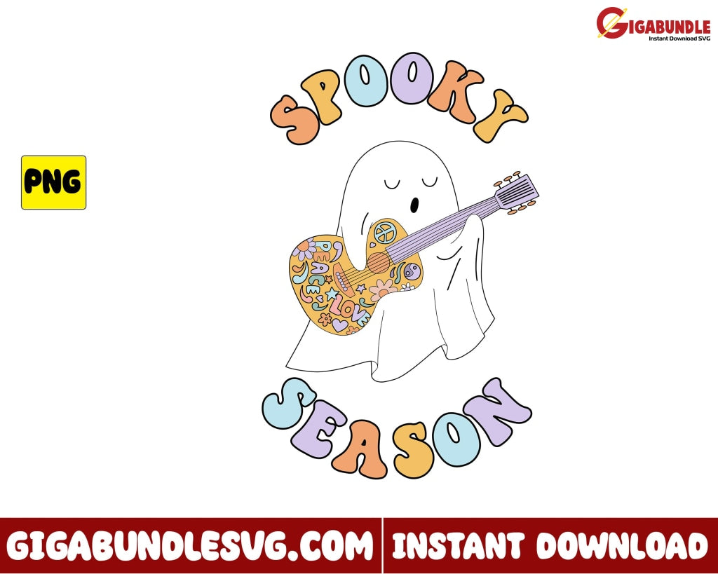 Spooky Season Ghost Png Playing Guitar Retro Halloween - Instant Download