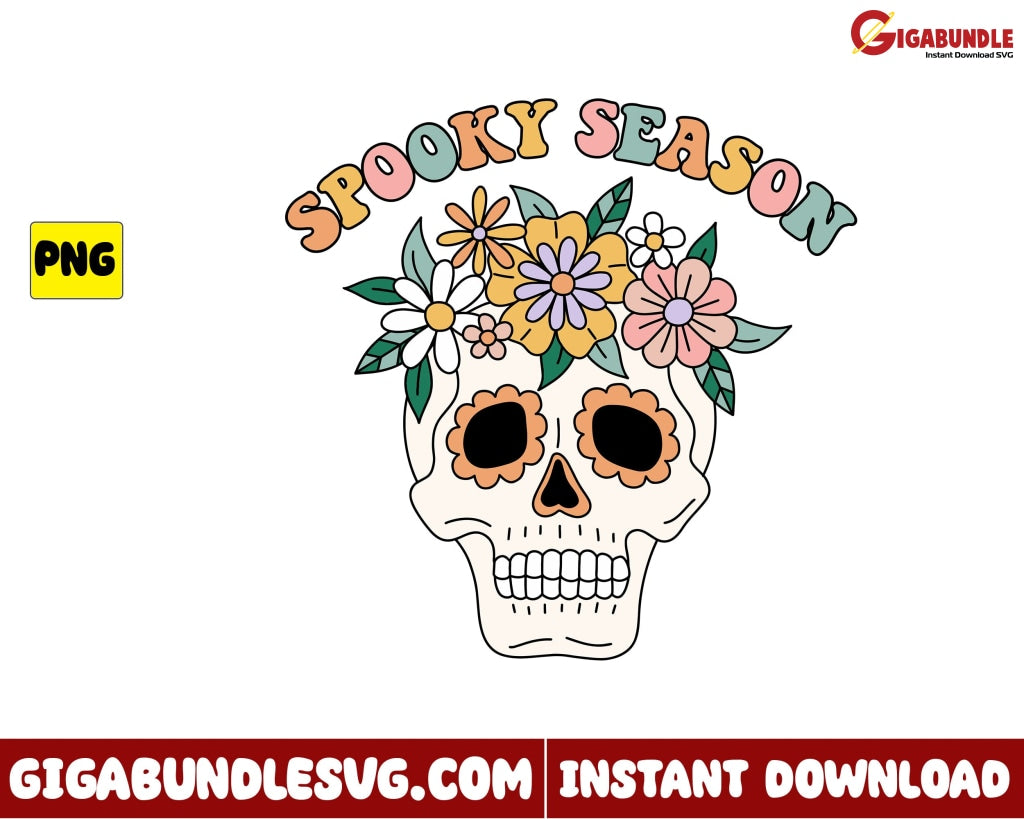 Spooky Season Png Skull Flower Retro Halloween - Instant Download