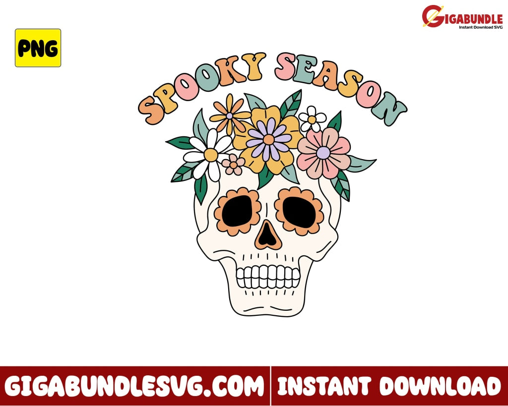 Spooky Season Png Skull With Flower Retro Halloween - Instant Download