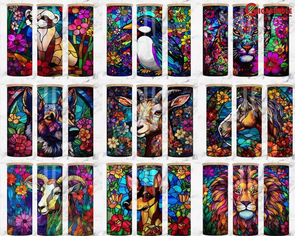 Stained Glass Libbey Can Tumbler Wrap Bundle 26 Oz Skinny Sublimation Design Stain 9X10 Png