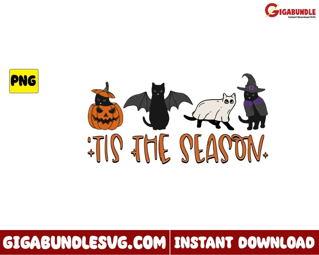 Tis The Season Png Pumpkin Black Cat Retro Halloween - Instant Download