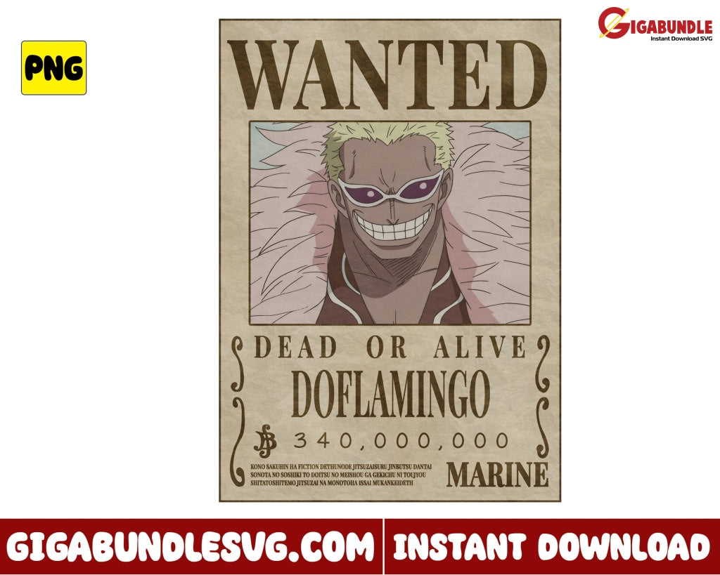 Wanted Dead Or Alive Doflamingo Png One Piece Anime - Instant Download