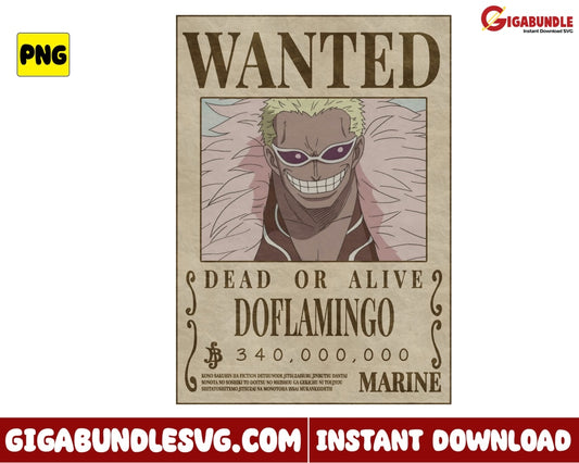 Wanted Dead Or Alive Doflamingo Png One Piece Anime - Instant Download