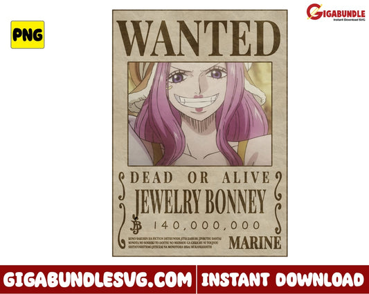 Wanted Dead Or Alive Jewelry Bonney Png One Piece Anime - Instant Download