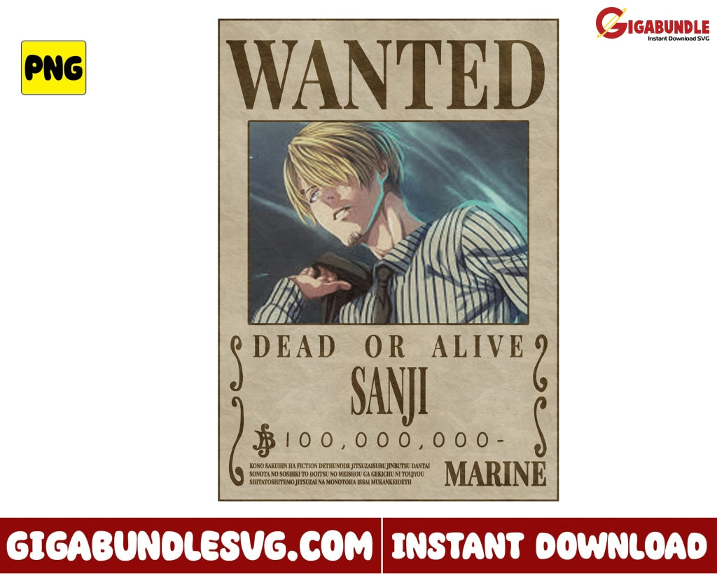 Wanted Dead Or Alive Vinsmoke Sanji Png One Piece Anime - Instant Download