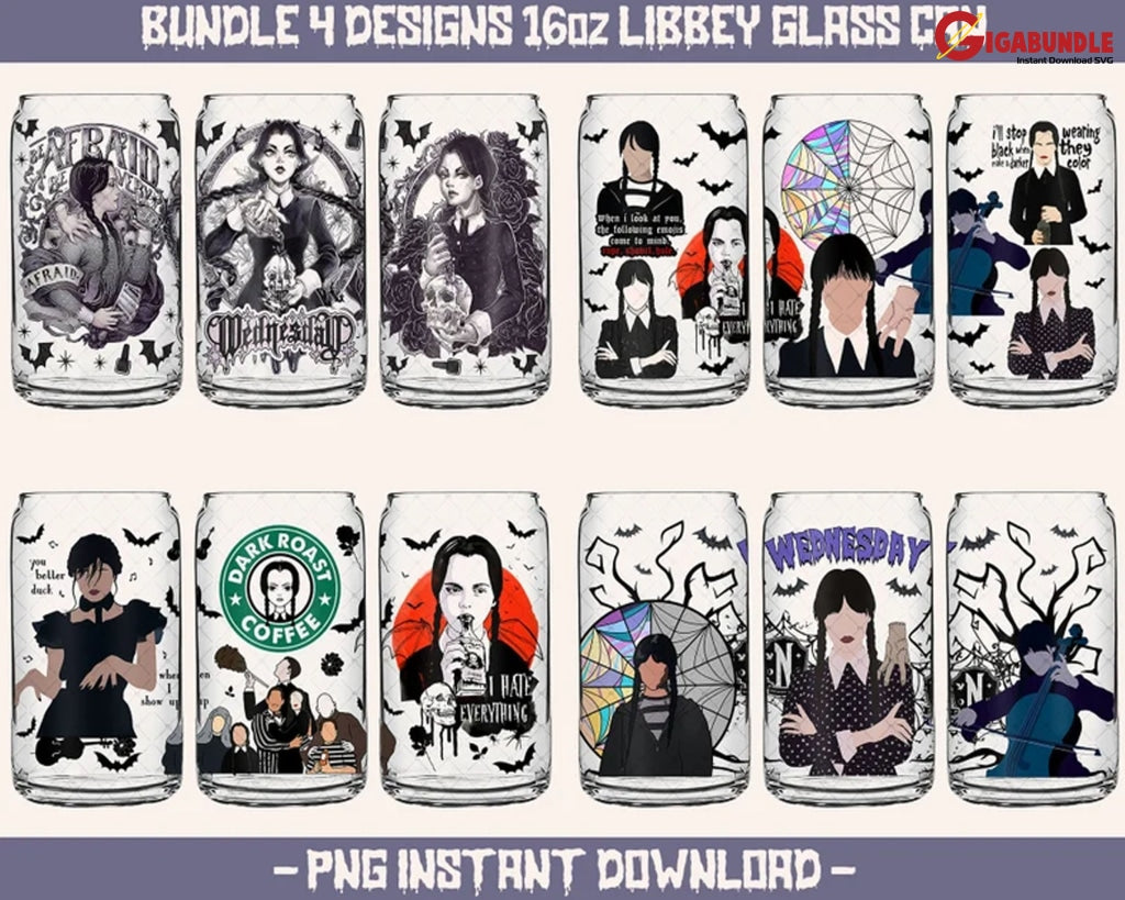 Wednesday Can Glass Wrap Dancing Queen Png 16Oz Libbey Addams Horror Instant Download