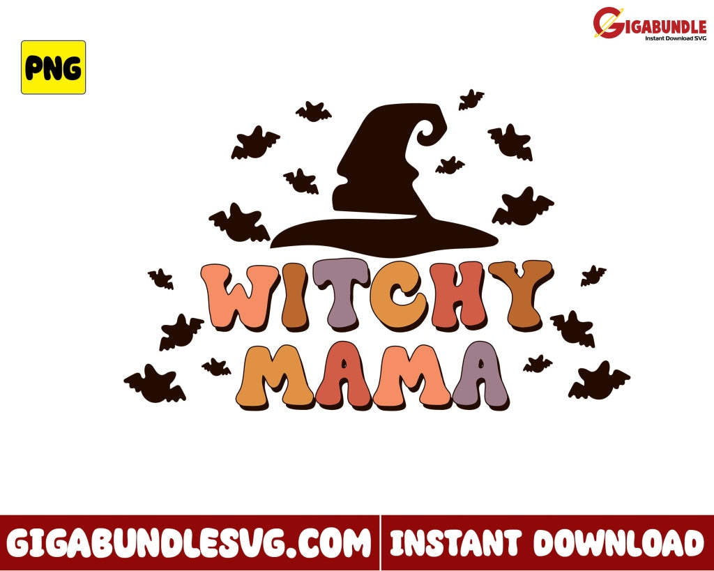 Witchy Mama Png Bat Witch Hat Retro Halloween - Instant Download