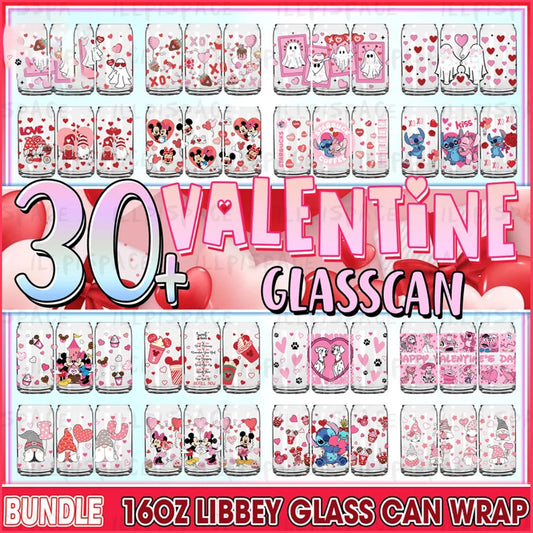 Cartoon Valentine Glass Can Wrap Bundle, Pink Valentine Libbey Glass Can Wrap