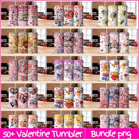 50+ 3D Cartoon Valentine Tumbler Design PNG, 3D Inflated Valentine Tumbler Wraps