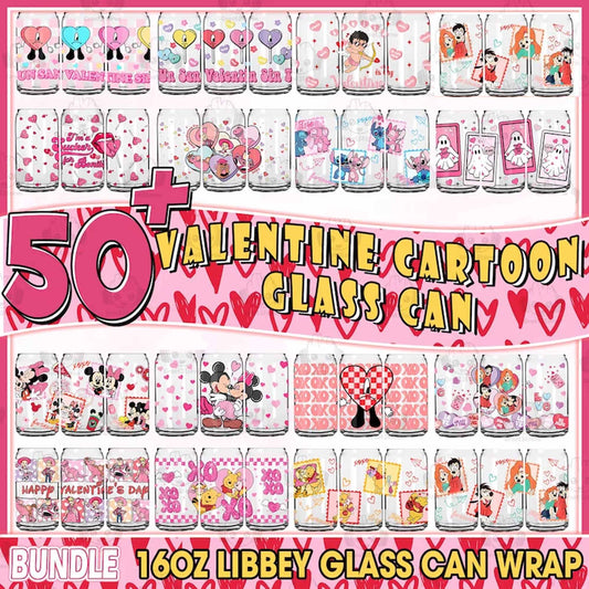 50+ Valentine Cartoon Couple 16 oz Glass Can Design Bundle