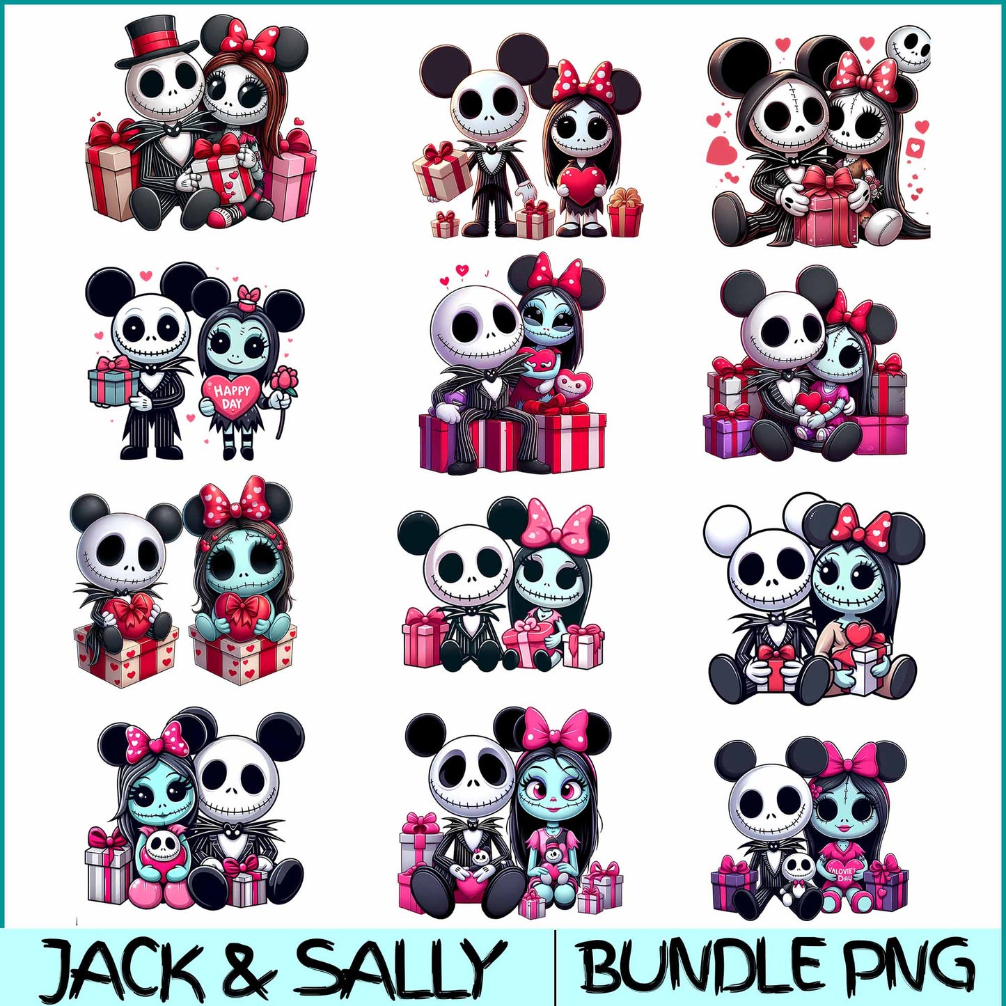 Jack & Sally ears mouse Png, Horror Couple Png, Valentine 2024 Png, Digital Download