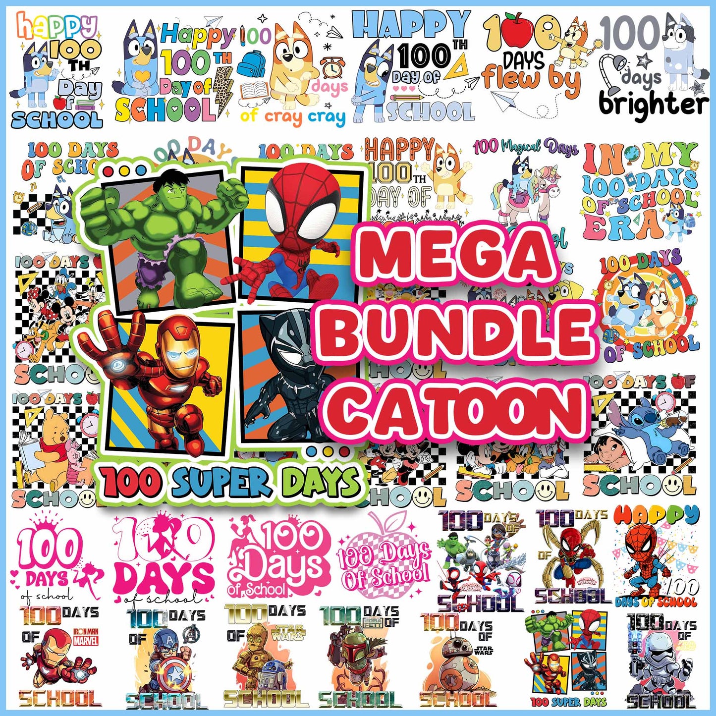 Mega 100 Days of School Cartoon PNG, 100th Day PNG