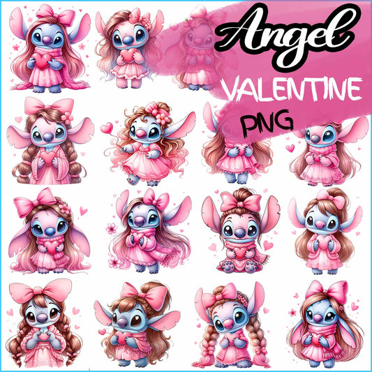 Stitch Girls Valentine Bundle Png, Stitch Valentine Png